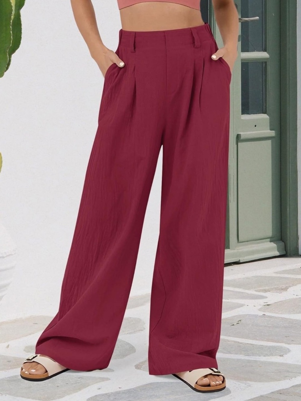Wide Leg High-Waist Trousers in Wine